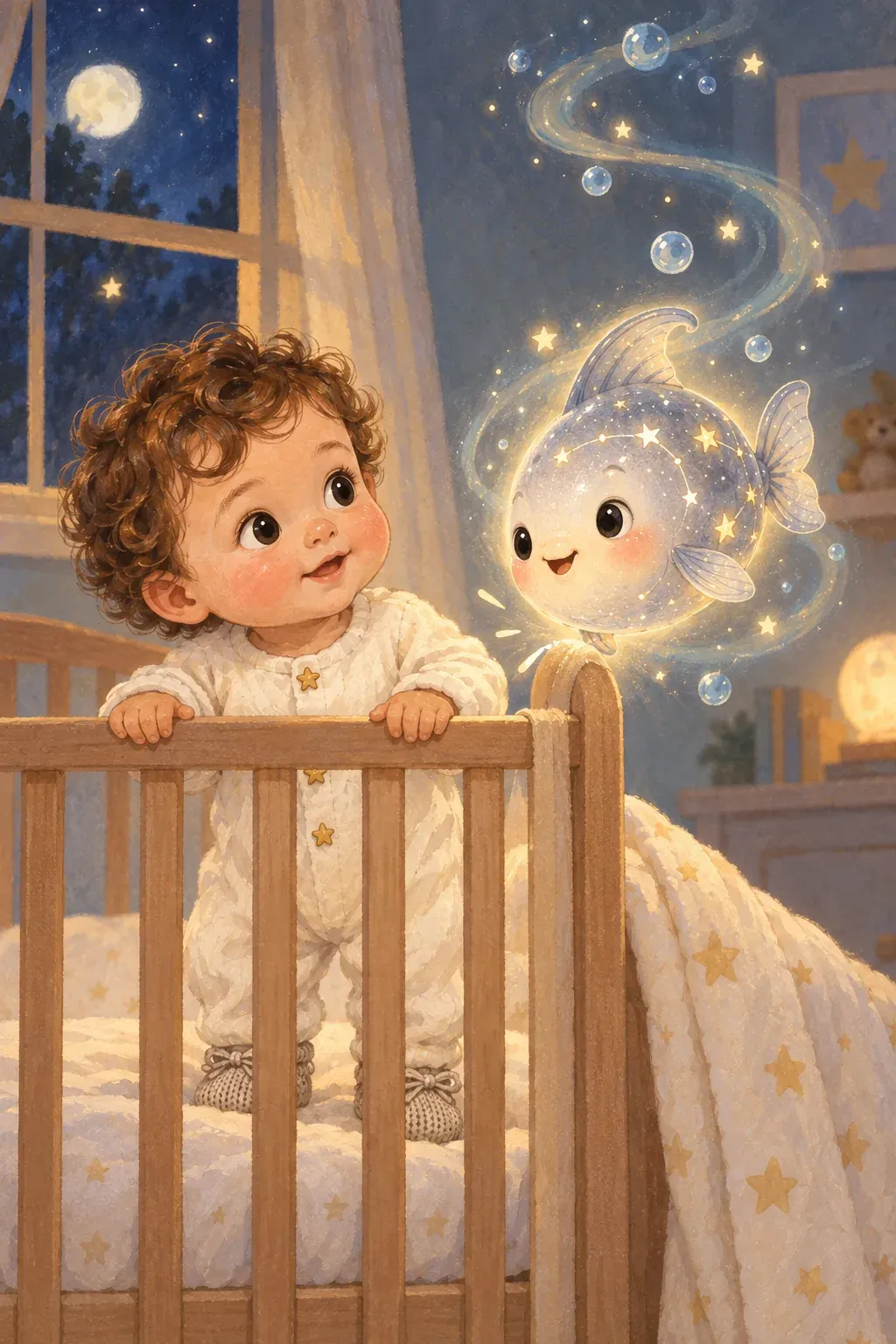 Noah watches a glowing silver fish beside his cot.