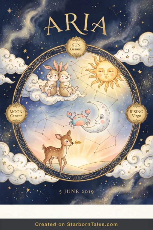 Example birth chart poster for Aria, born 5 June 2019