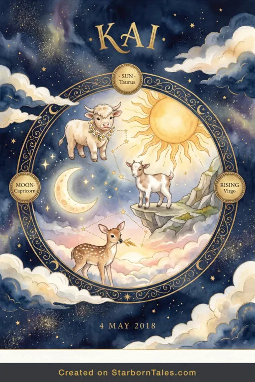 Example birth chart poster for Kai, born 4 May 2018