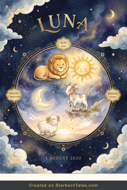 Example birth chart poster for Luna, born 1 August 2020