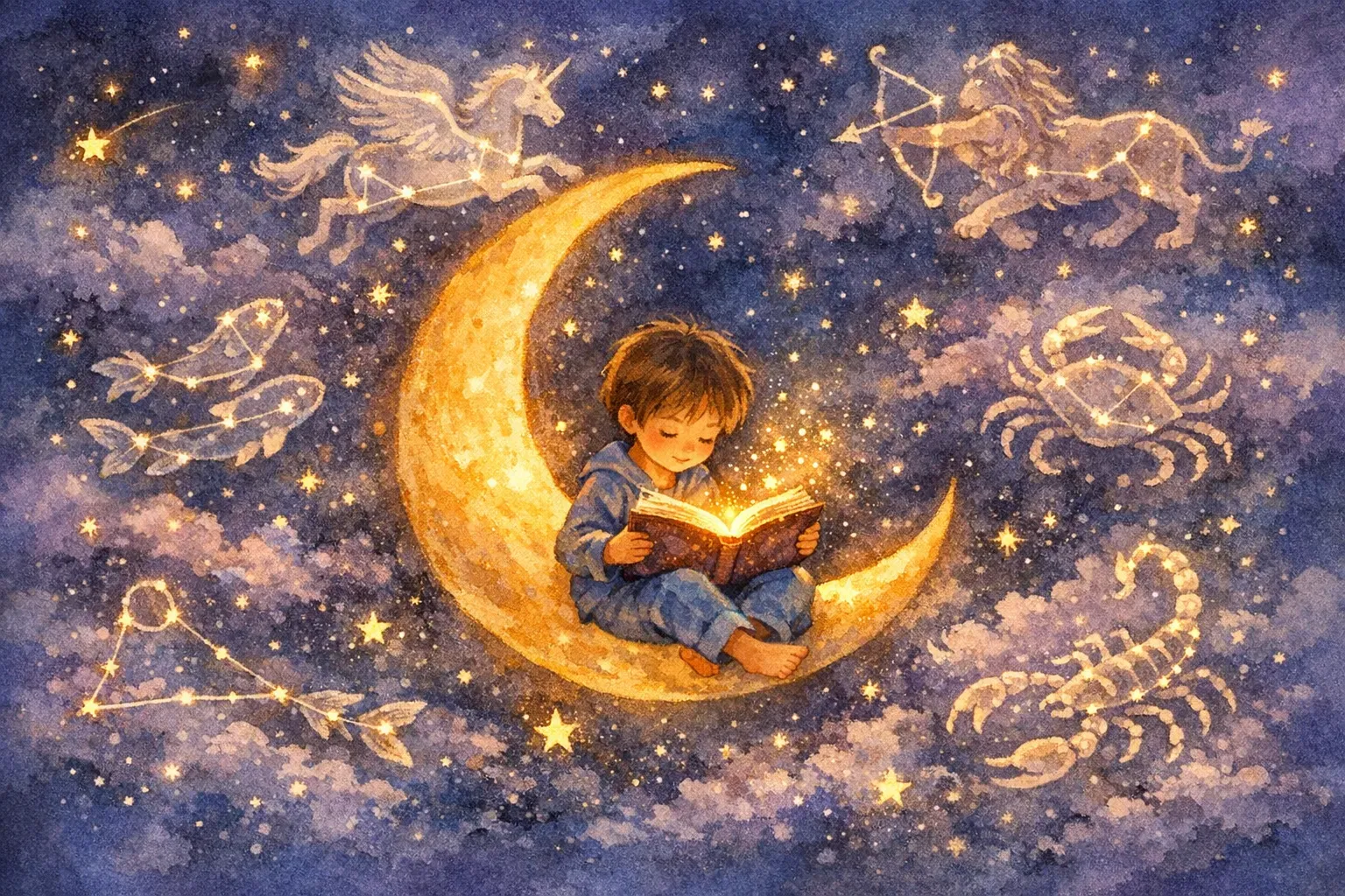 A child reading a magical storybook under the stars
