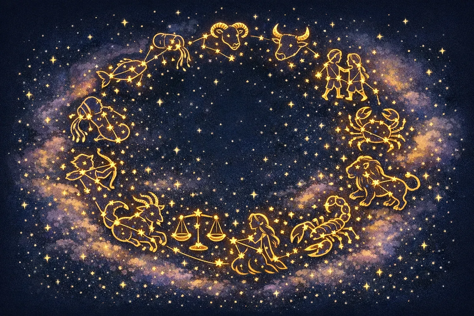 The 12 zodiac constellations in a celestial night sky
